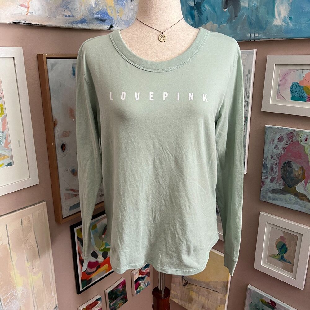 Victoria’s Secret PINK Love Pink Casual Comfy Long Sleeve Tee‎ Mint Green Size L
